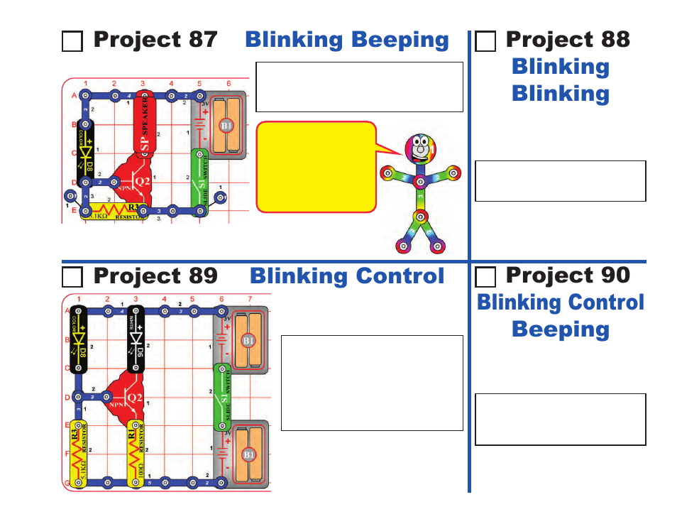 Project 87 blinking beeping, Project 89 blinking control, Project 90 blinking control beeping | Project 88 blinking blinking | Elenco LIGHT User Manual | Page 49 / 84