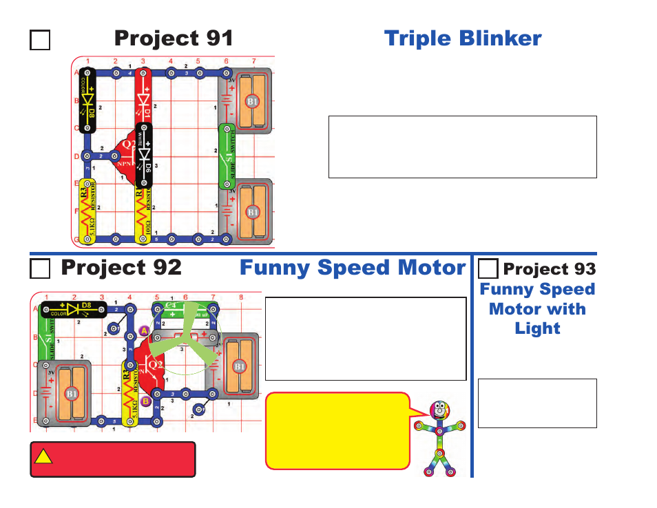 Project 92 funny speed motor, Project 91 triple blinker, Project 93 funny speed motor with light | Elenco LIGHT User Manual | Page 50 / 84