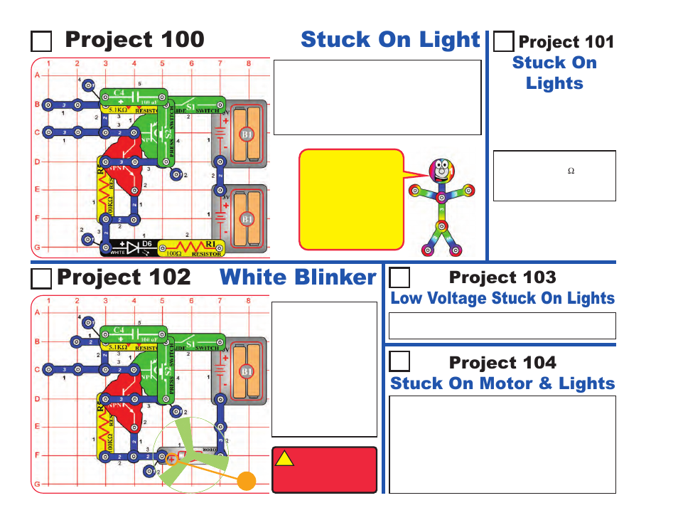 Project 102 white blinker, Stuck on light, Project 100 | Project 101 stuck on lights | Elenco LIGHT User Manual | Page 54 / 84