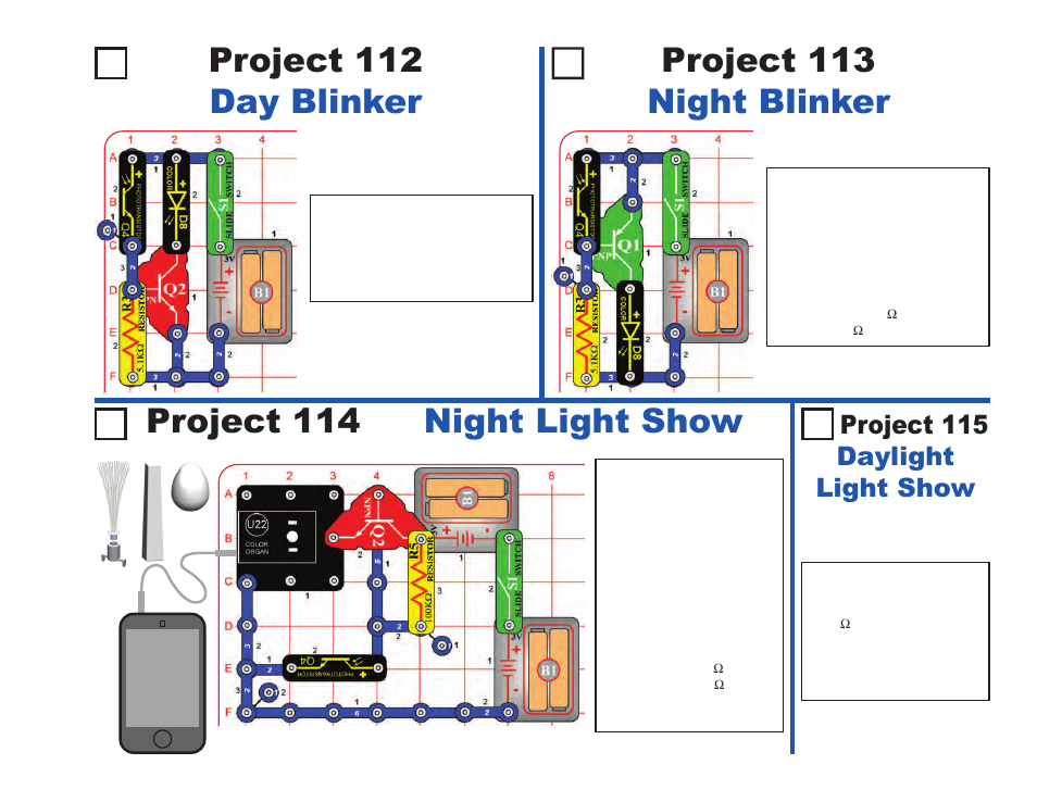 Project 114, Project 115 daylight light show | Elenco LIGHT User Manual | Page 57 / 84