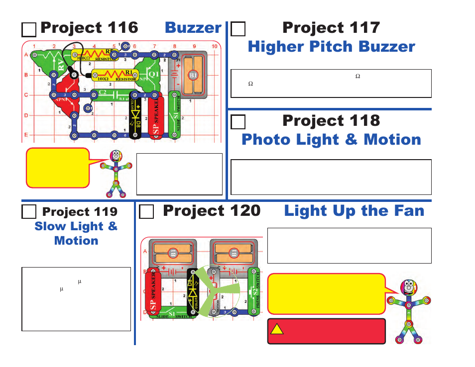 Light up the fan project 120, Project 117 higher pitch buzzer, Project 119 slow light & motion | Elenco LIGHT User Manual | Page 58 / 84