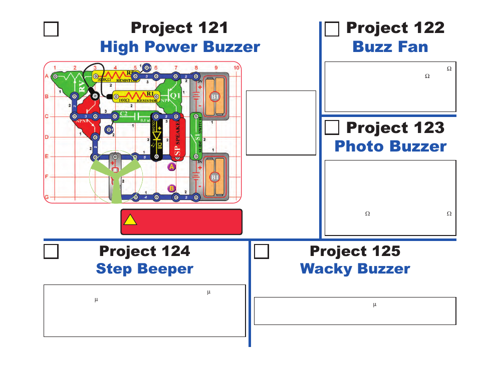 Project 122 buzz fan, Project 124 step beeper, Project 125 wacky buzzer | Elenco LIGHT User Manual | Page 59 / 84