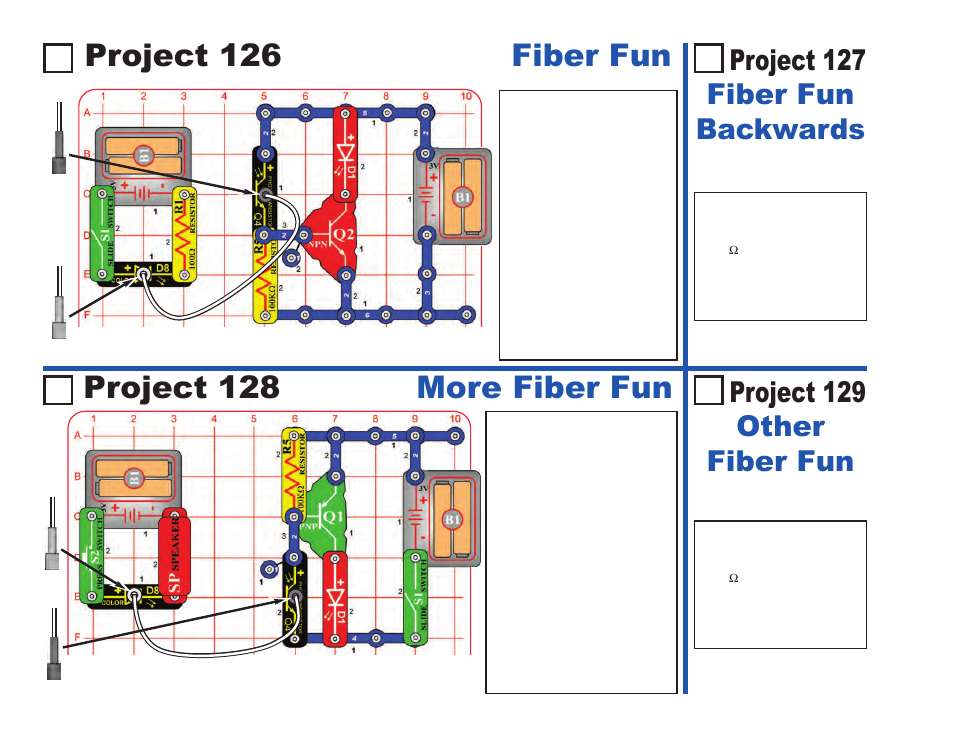 Project 126 fiber fun, Project 128 more fiber fun, Project 127 fiber fun backwards | Project 129 other fiber fun | Elenco LIGHT User Manual | Page 60 / 84