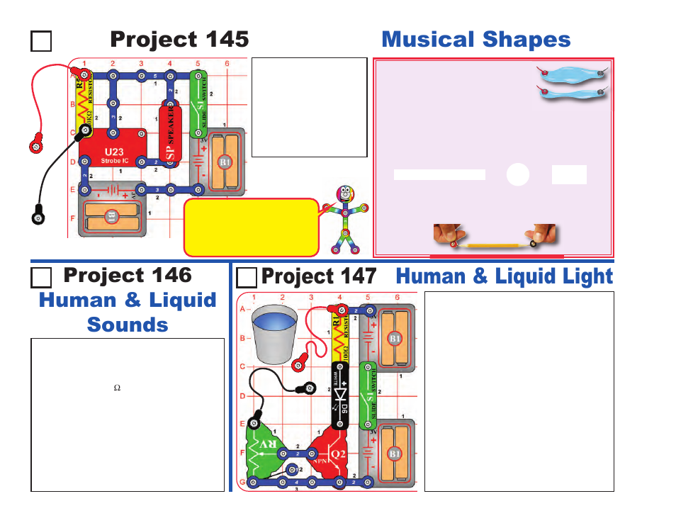 Project 145 musical shapes, Project 147 human & liquid light, Project 146 human & liquid sounds | Elenco LIGHT User Manual | Page 68 / 84