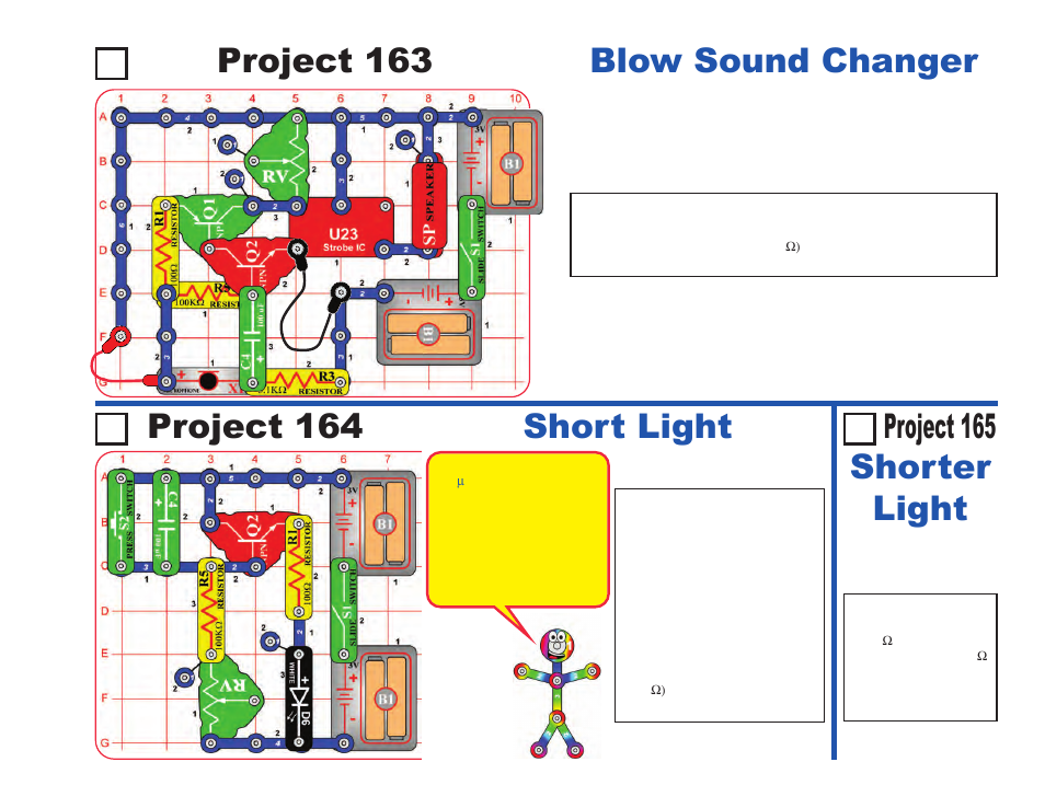 Project 163 blow sound changer, Short light project 165 shorter light, Project 164 | Elenco LIGHT User Manual | Page 75 / 84