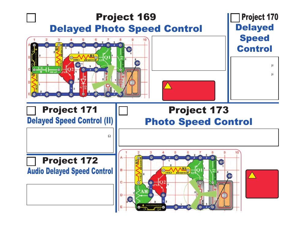 Project 169 delayed photo speed control, Project 173 photo speed control, Project 170 delayed speed control | Project 171 delayed speed control (ii), Project 172 audio delayed speed control | Elenco LIGHT User Manual | Page 77 / 84