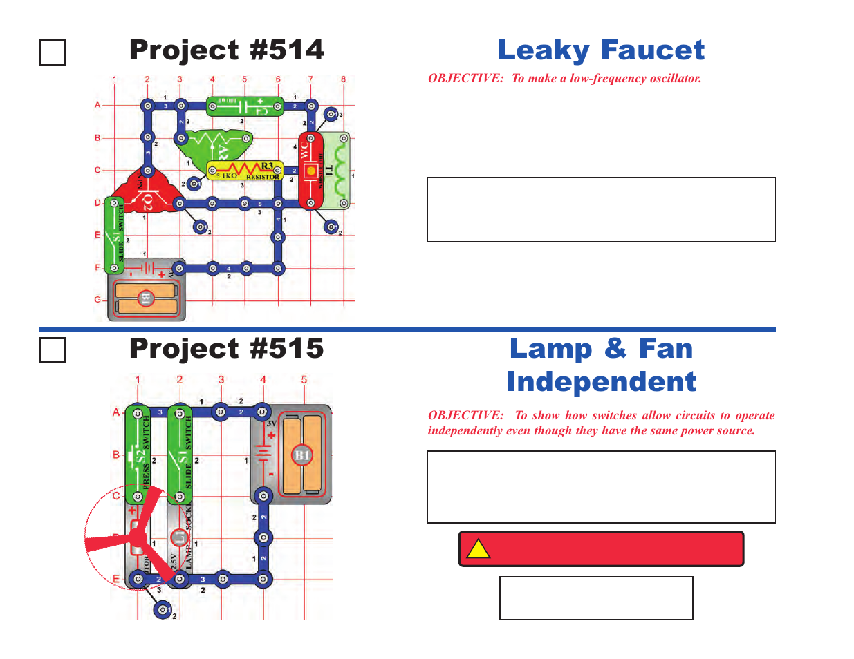 Project #514, Leaky faucet project #515, Lamp & fan independent | Elenco Projects 512-692 User Manual | Page 10 / 88