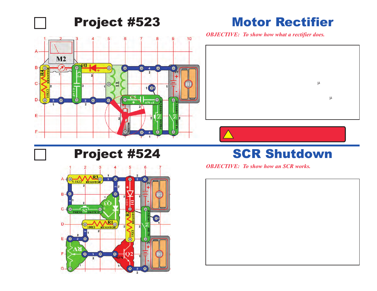 Project #523, Motor rectifier project #524, Scr shutdown | Elenco Projects 512-692 User Manual | Page 15 / 88