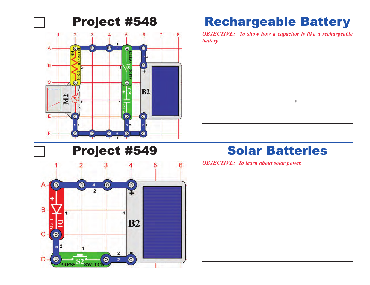 Project #548, Rechargeable battery project #549, Solar batteries | Elenco Projects 512-692 User Manual | Page 25 / 88