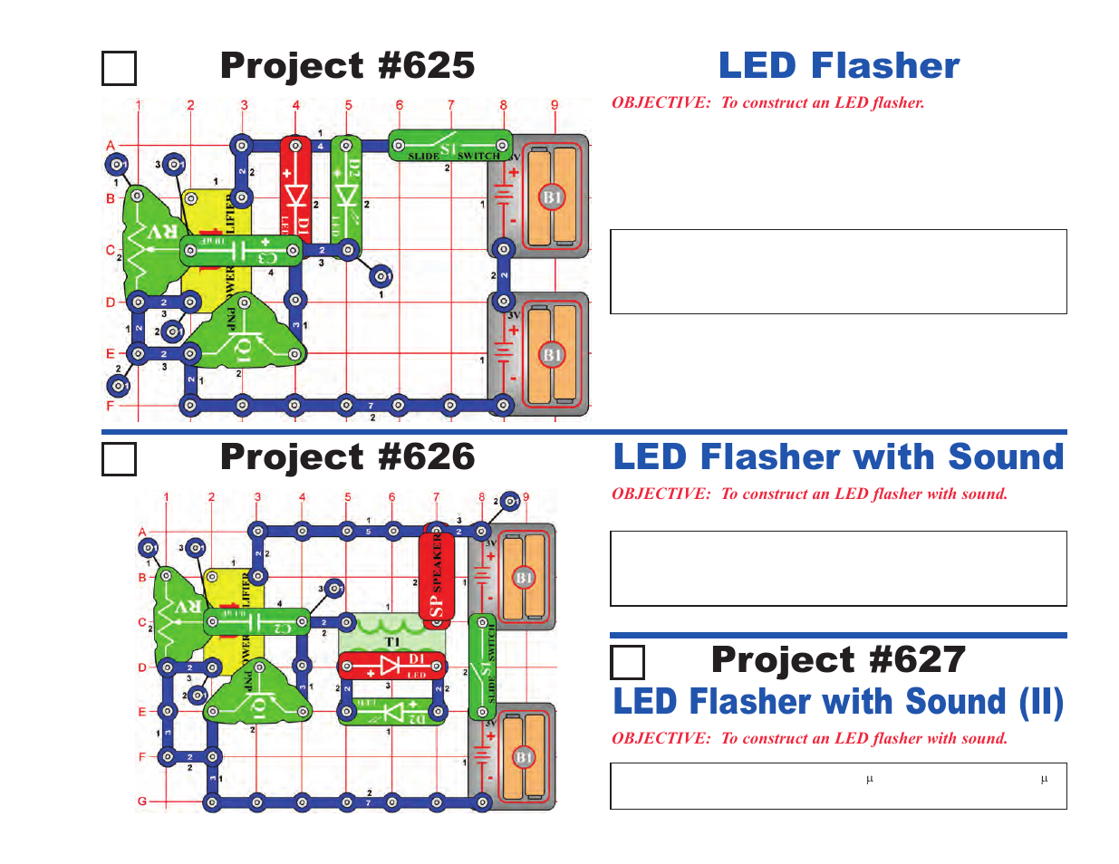 Project #625, Led flasher, Project #626 | Led flasher with sound, Led flasher with sound (ii) project #627 | Elenco Projects 512-692 User Manual | Page 57 / 88