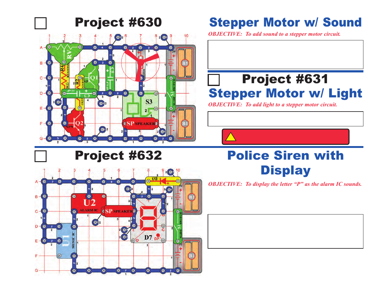 Project #630, Stepper motor w/ sound, Project #631 | Stepper motor w/ light project #632, Police siren with display | Elenco Projects 512-692 User Manual | Page 59 / 88