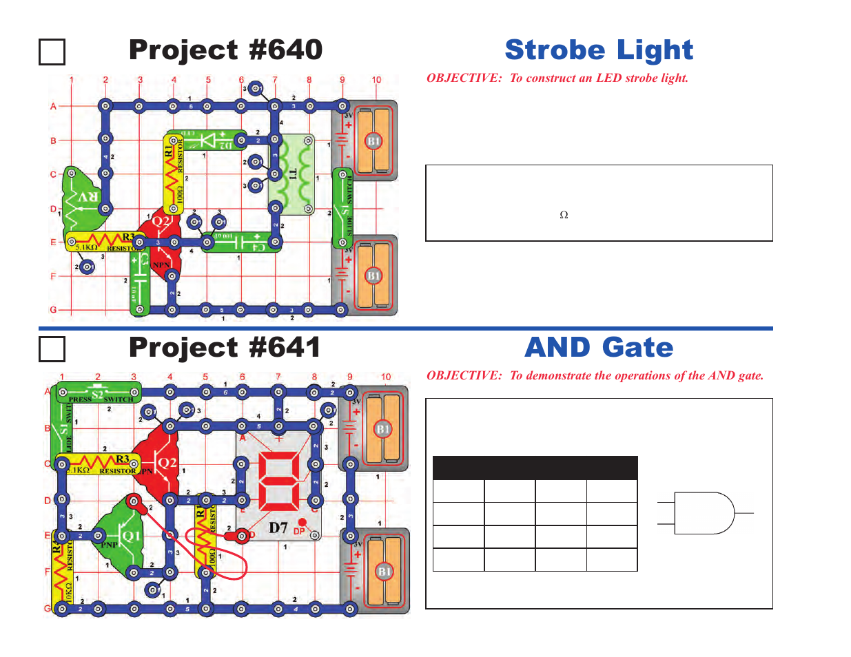 Project #640, Strobe light, Project #641 | And gate | Elenco Projects 512-692 User Manual | Page 62 / 88