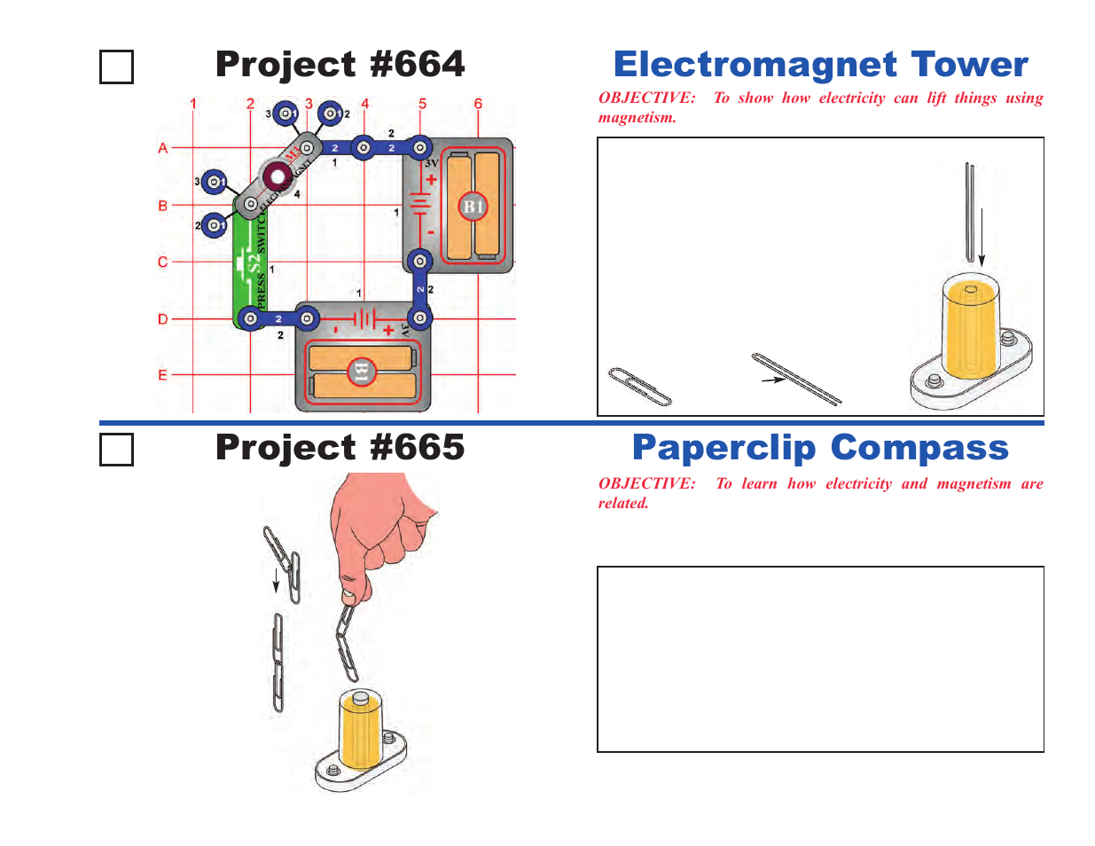 Project #664, Electromagnet tower project #665, Paperclip compass | Elenco Projects 512-692 User Manual | Page 73 / 88