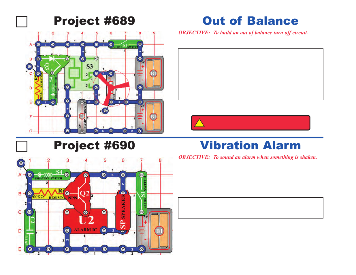 Project #689, Out of balance project #690, Vibration alarm | Elenco Projects 512-692 User Manual | Page 84 / 88