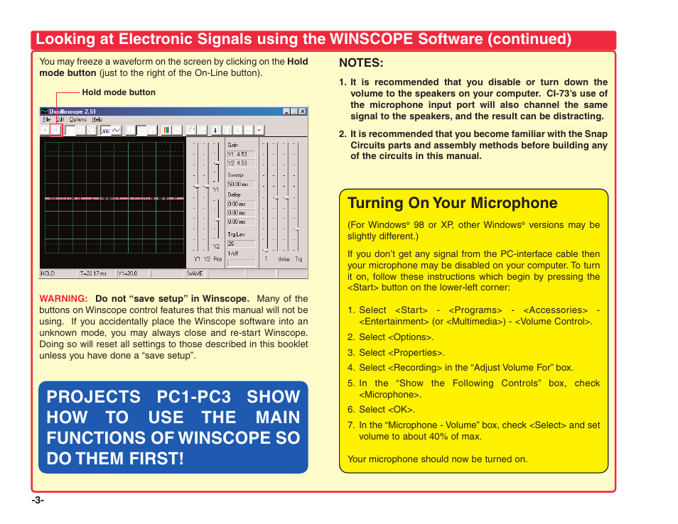 Turning on your microphone | Elenco Projects PC1-PC73 User Manual | Page 4 / 60