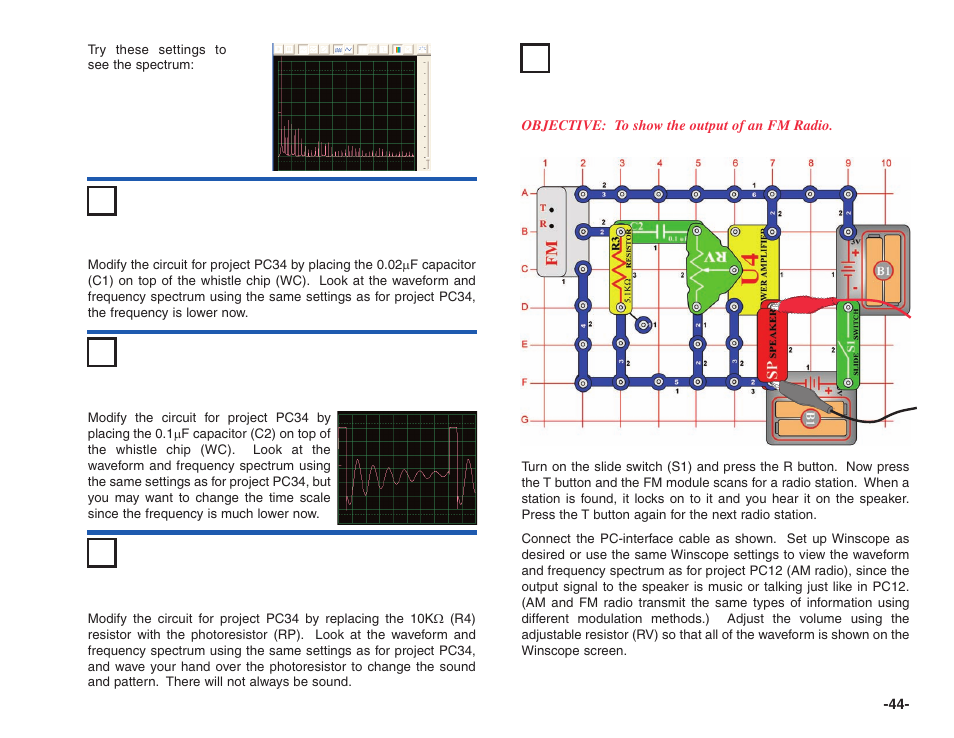 Project #pc35 adjustable tone generator pc (ii), Project #pc38 adjustable fm radio pc | Elenco Projects PC1-PC73 User Manual | Page 45 / 60