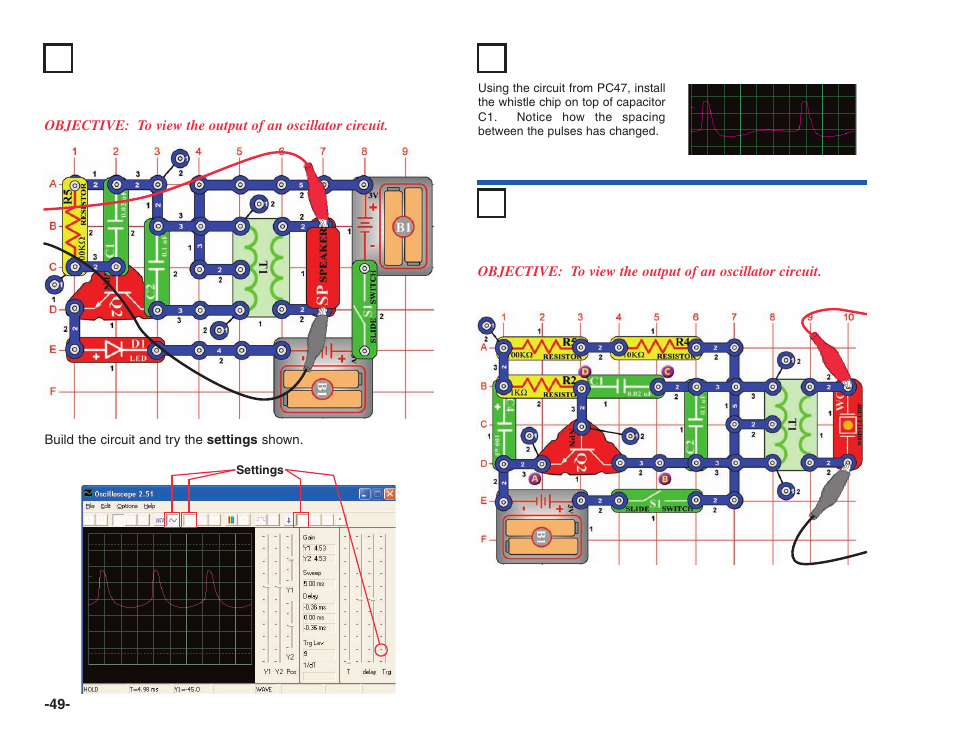 Project #pc47 oscillator sounds pc, Project #pc49 whistle chip sounds pc | Elenco Projects PC1-PC73 User Manual | Page 50 / 60