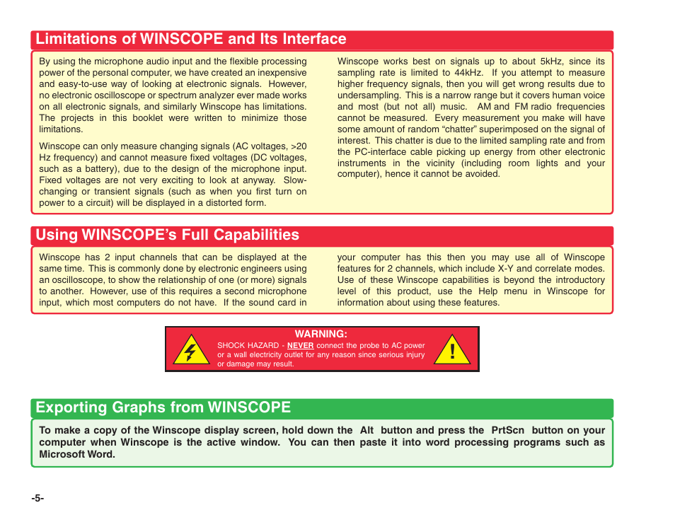 Limitations of winscope and its interface, Using winscope’s full capabilities, Exporting graphs from winscope | Elenco Projects PC1-PC73 User Manual | Page 6 / 60