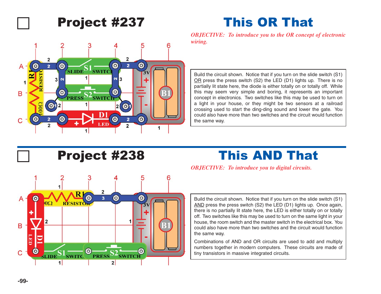 Project #237, This or that project #238, This and that | Elenco Electronics 202 User Manual | Page 100 / 132