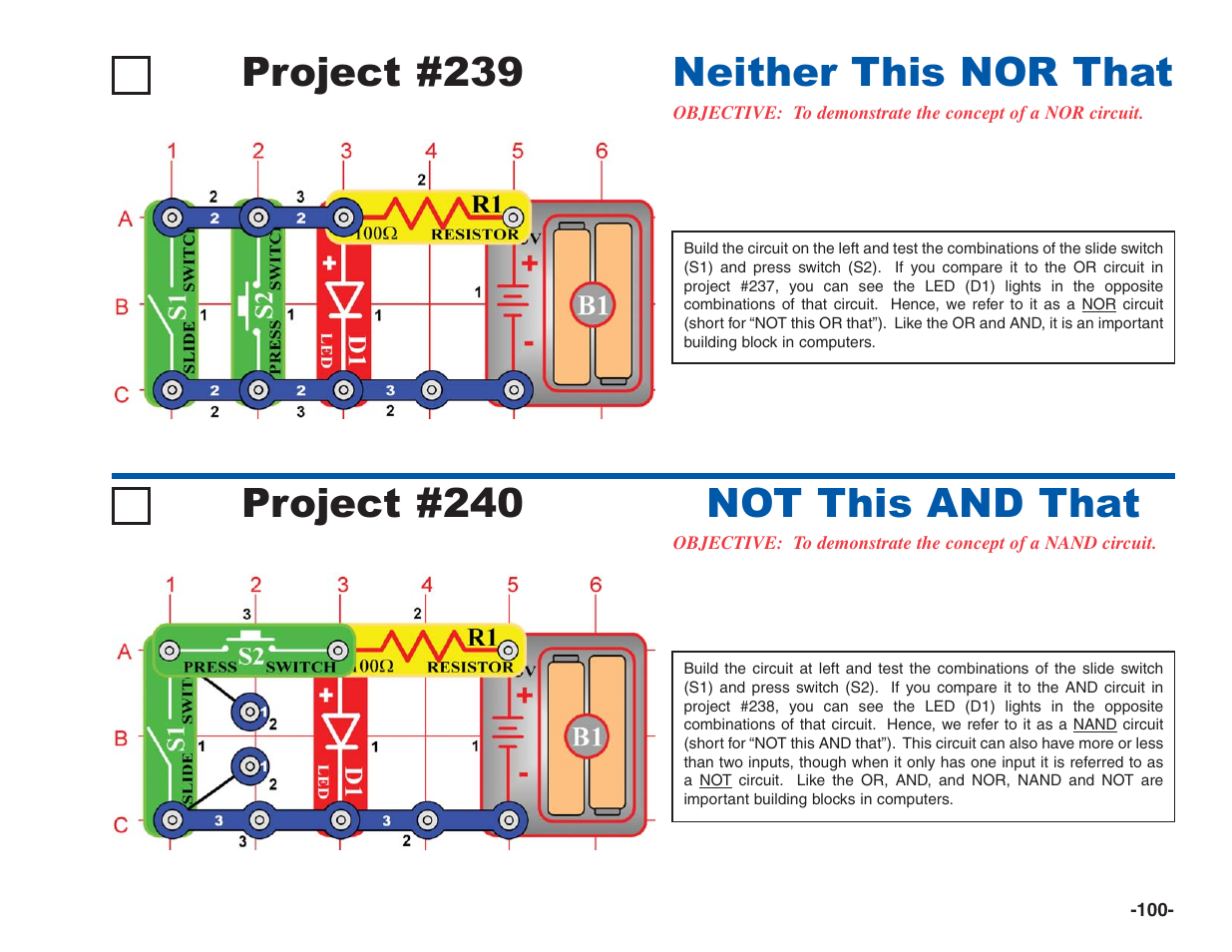 Project #239, Neither this nor that project #240, Not this and that | Elenco Electronics 202 User Manual | Page 101 / 132
