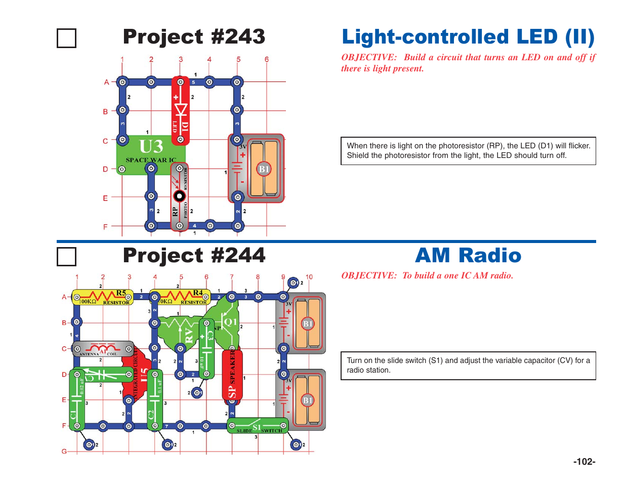 Project #243, Light-controlled led (ii) project #244, Am radio | Elenco Electronics 202 User Manual | Page 103 / 132
