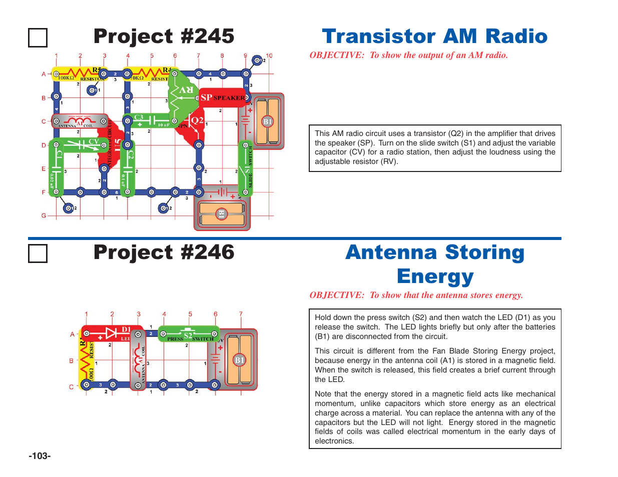 Project #245, Transistor am radio, Project #246 | Antenna storing energy | Elenco Electronics 202 User Manual | Page 104 / 132