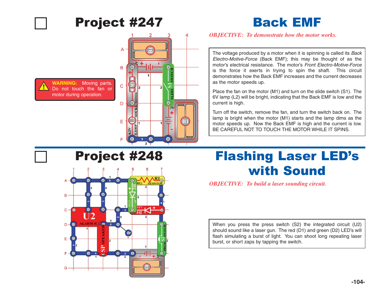 Project #247, Back emf project #248, Flashing laser led’s with sound | Elenco Electronics 202 User Manual | Page 105 / 132