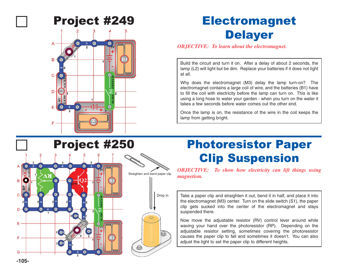 Project #249, Electromagnet delayer, Project #250 | Photoresistor paper clip suspension | Elenco Electronics 202 User Manual | Page 106 / 132