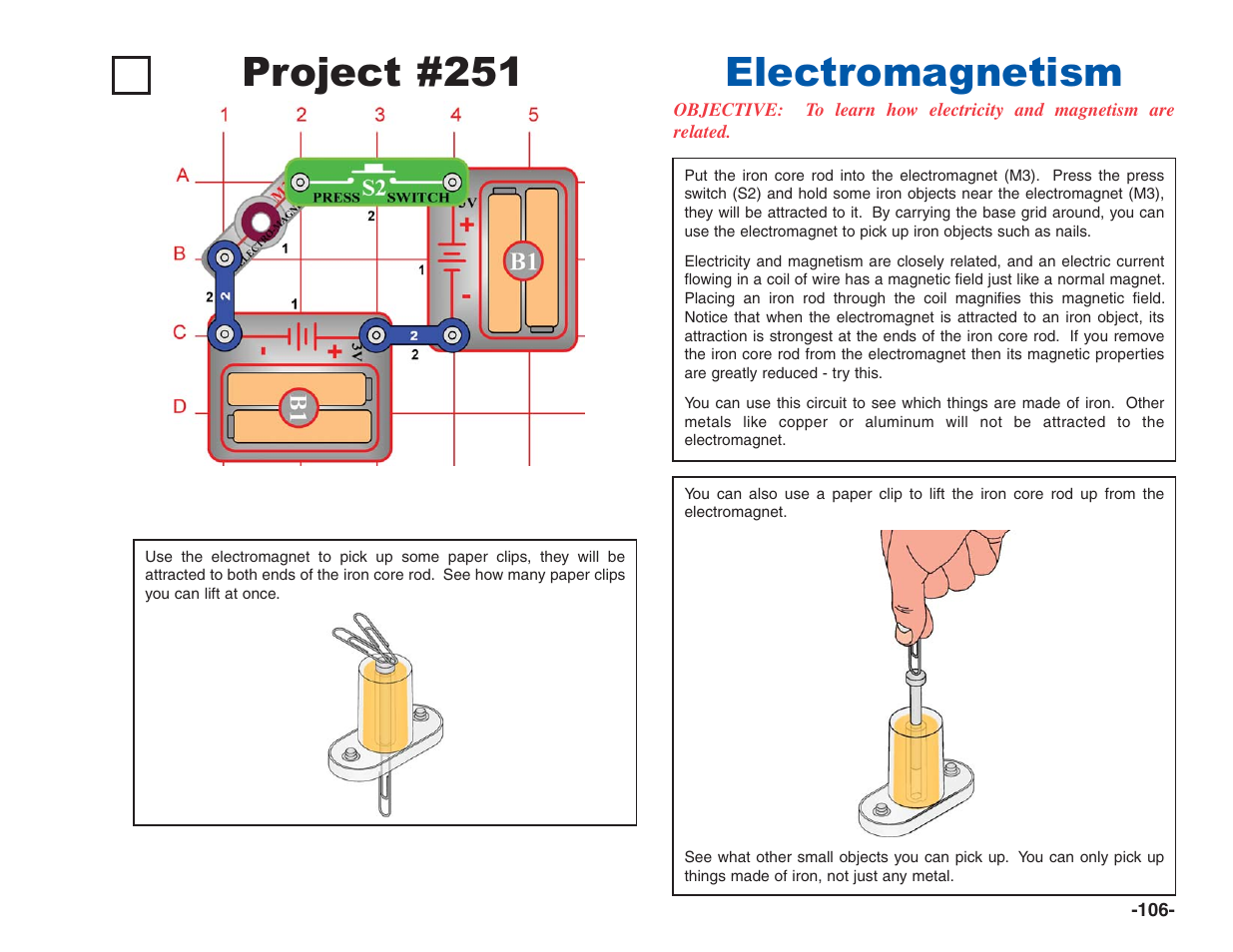 Project #251, Electromagnetism | Elenco Electronics 202 User Manual | Page 107 / 132