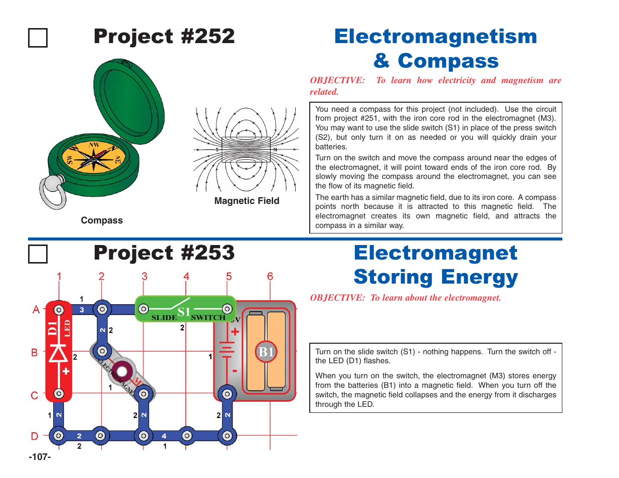 Project #252 electromagnetism & compass, Project #253, Electromagnet storing energy | Elenco Electronics 202 User Manual | Page 108 / 132