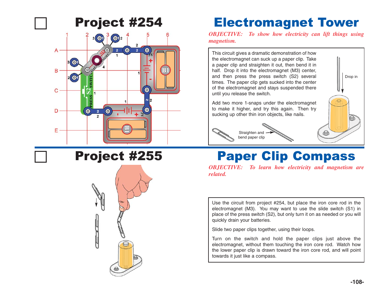 Project #254, Electromagnet tower project #255, Paper clip compass | Elenco Electronics 202 User Manual | Page 109 / 132