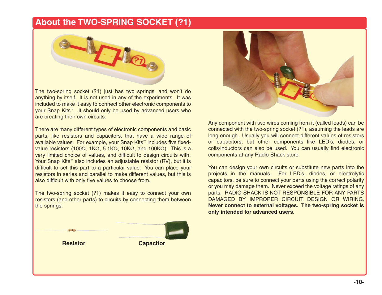 About the two-spring socket (?1) | Elenco Electronics 202 User Manual | Page 11 / 132