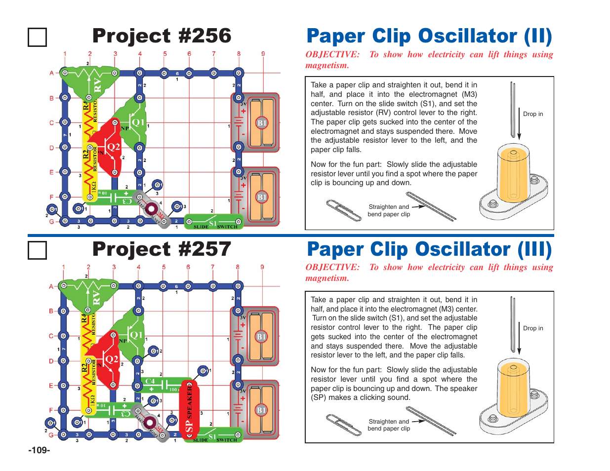 Project #256, Paper clip oscillator (ii) project #257, Paper clip oscillator (iii) | Elenco Electronics 202 User Manual | Page 110 / 132