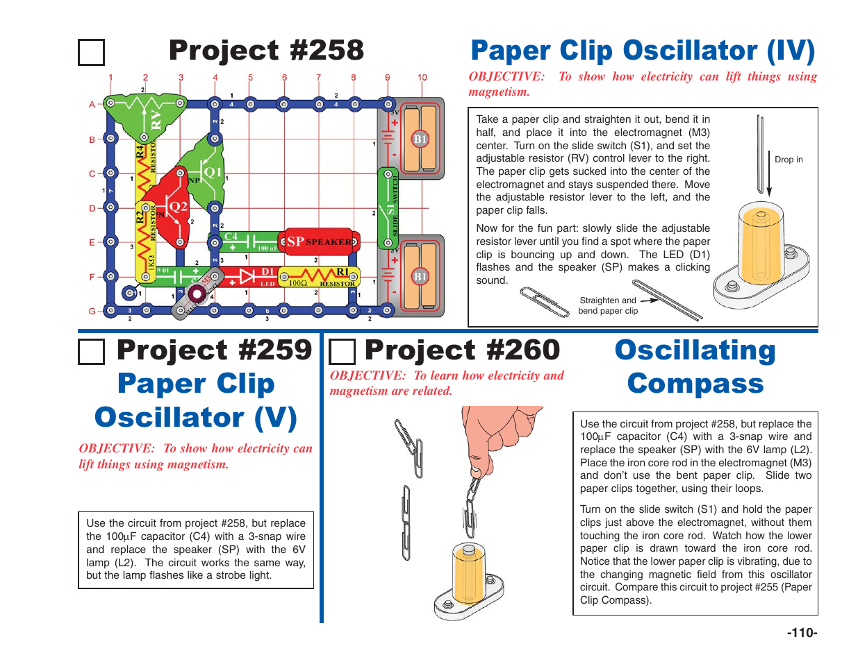 Project #258, Paper clip oscillator (iv), Project #259 paper clip oscillator (v) | Oscillating compass, Project #260 | Elenco Electronics 202 User Manual | Page 111 / 132