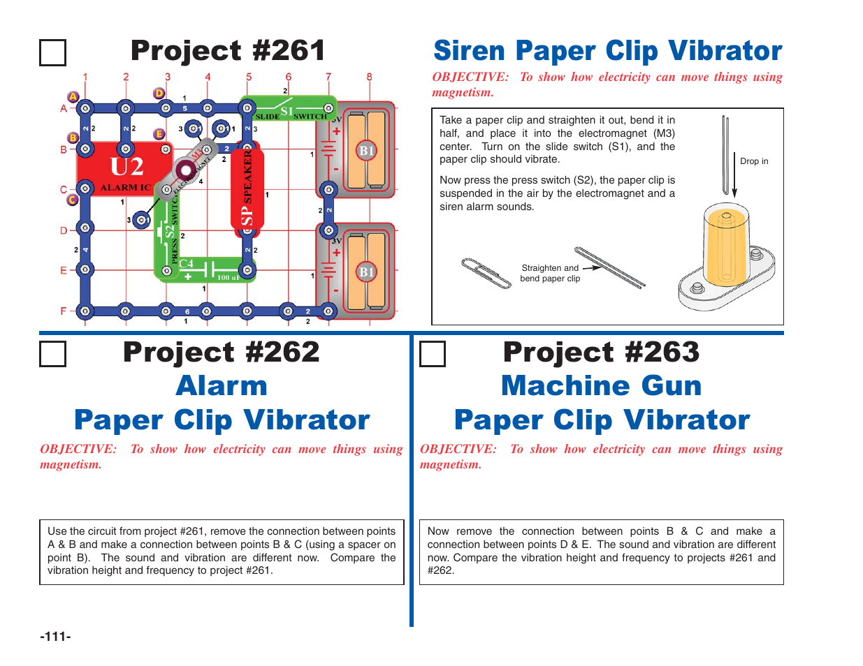 Project #261, Siren paper clip vibrator, Project #262 alarm paper clip vibrator | Project #263 machine gun paper clip vibrator | Elenco Electronics 202 User Manual | Page 112 / 132
