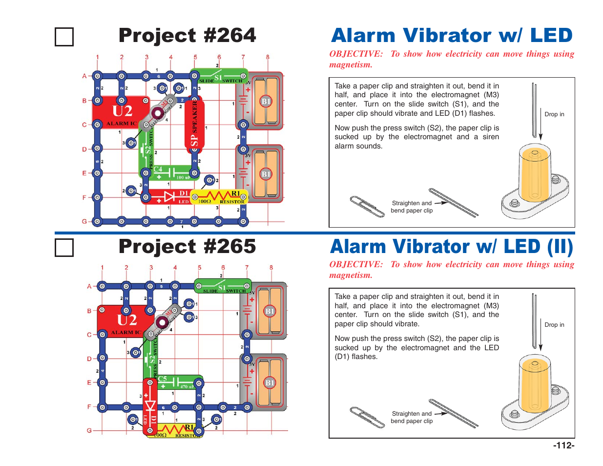 Project #264, Alarm vibrator w/ led, Project #265 | Alarm vibrator w/ led (ii) | Elenco Electronics 202 User Manual | Page 113 / 132