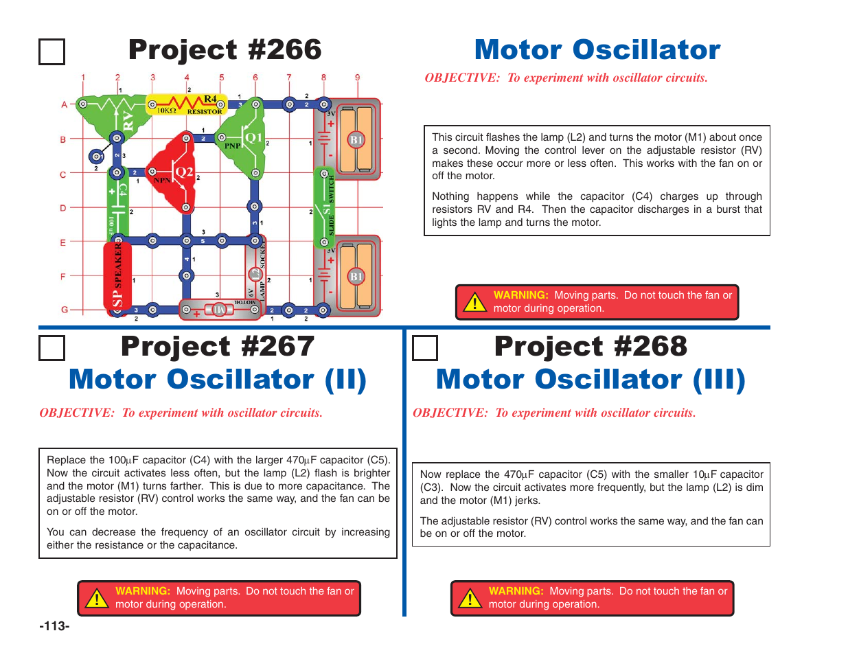 Project #266, Motor oscillator | Elenco Electronics 202 User Manual | Page 114 / 132