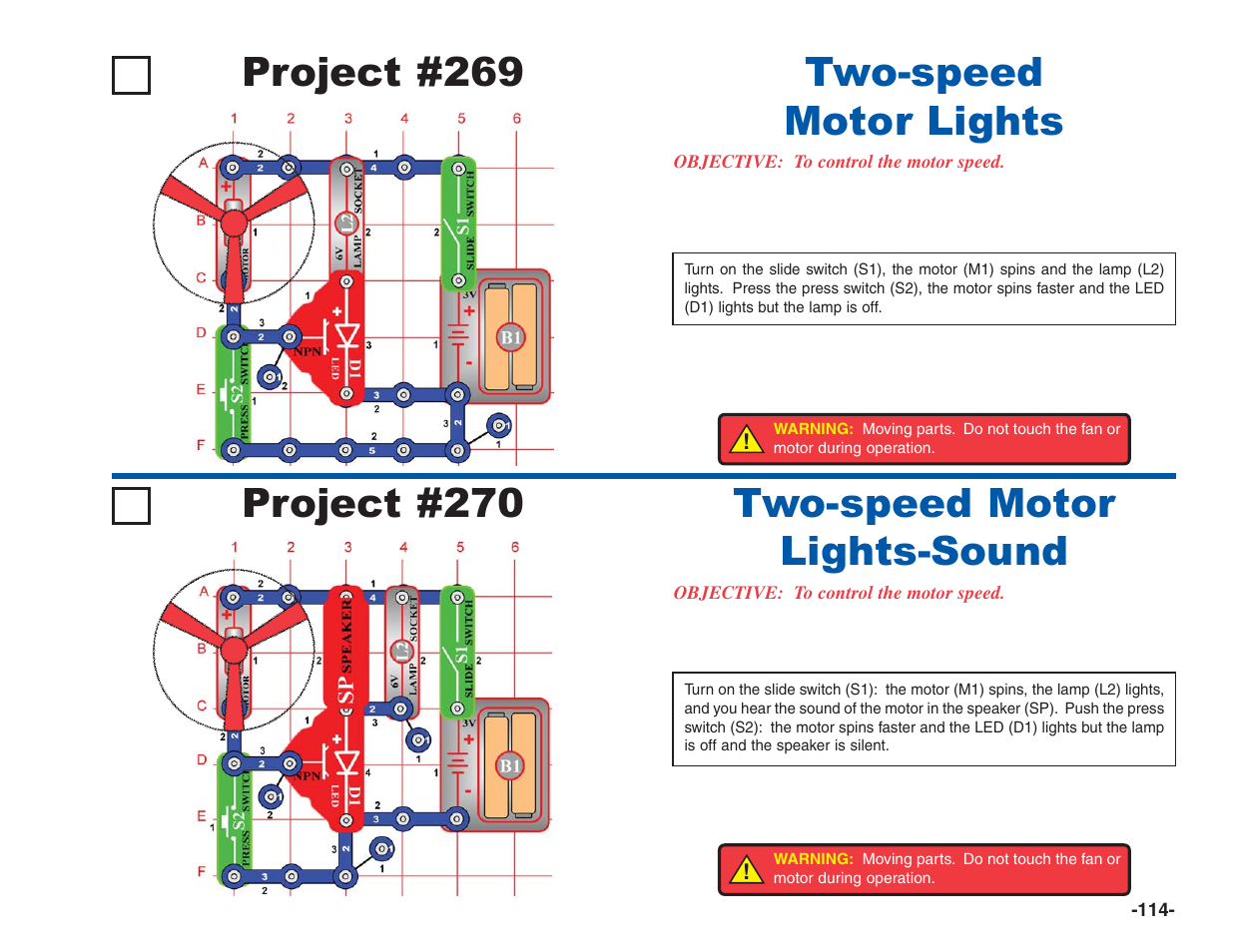 Project #270, Two-speed motor lights-sound project #269, Two-speed motor lights | Elenco Electronics 202 User Manual | Page 115 / 132