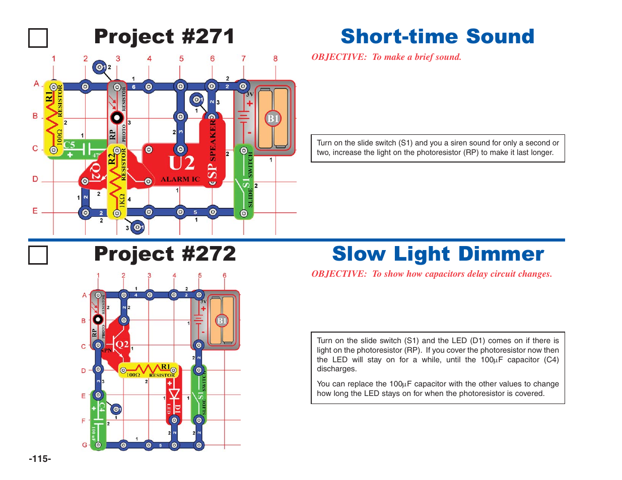 Project #272, Slow light dimmer project #271, Short-time sound | Elenco Electronics 202 User Manual | Page 116 / 132