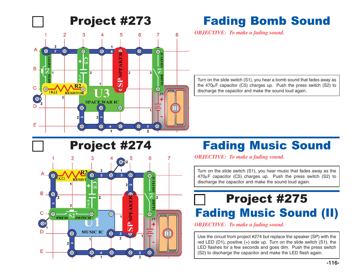 Project #274, Fading music sound project #273 | Elenco Electronics 202 User Manual | Page 117 / 132