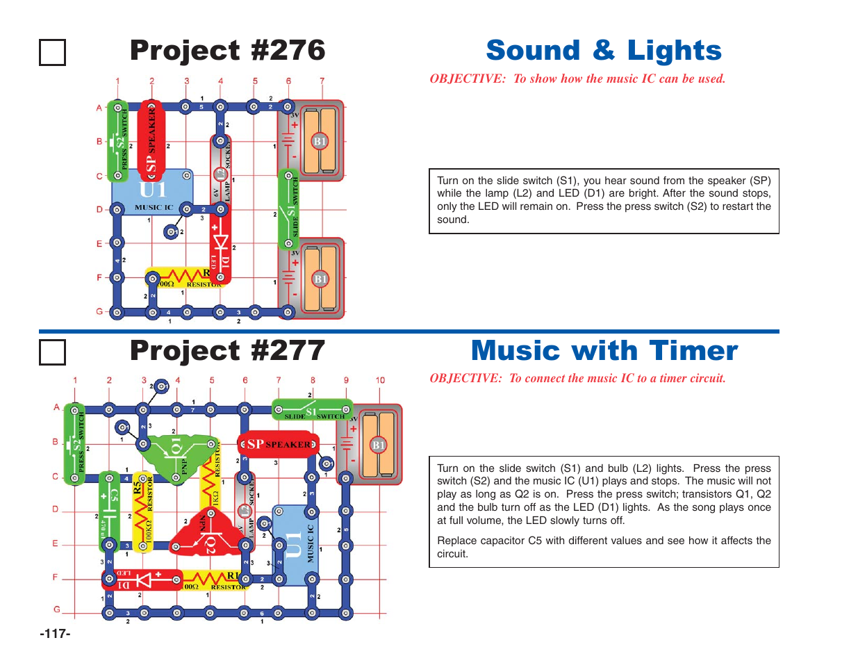 Project #276, Sound & lights project #277, Music with timer | Elenco Electronics 202 User Manual | Page 118 / 132