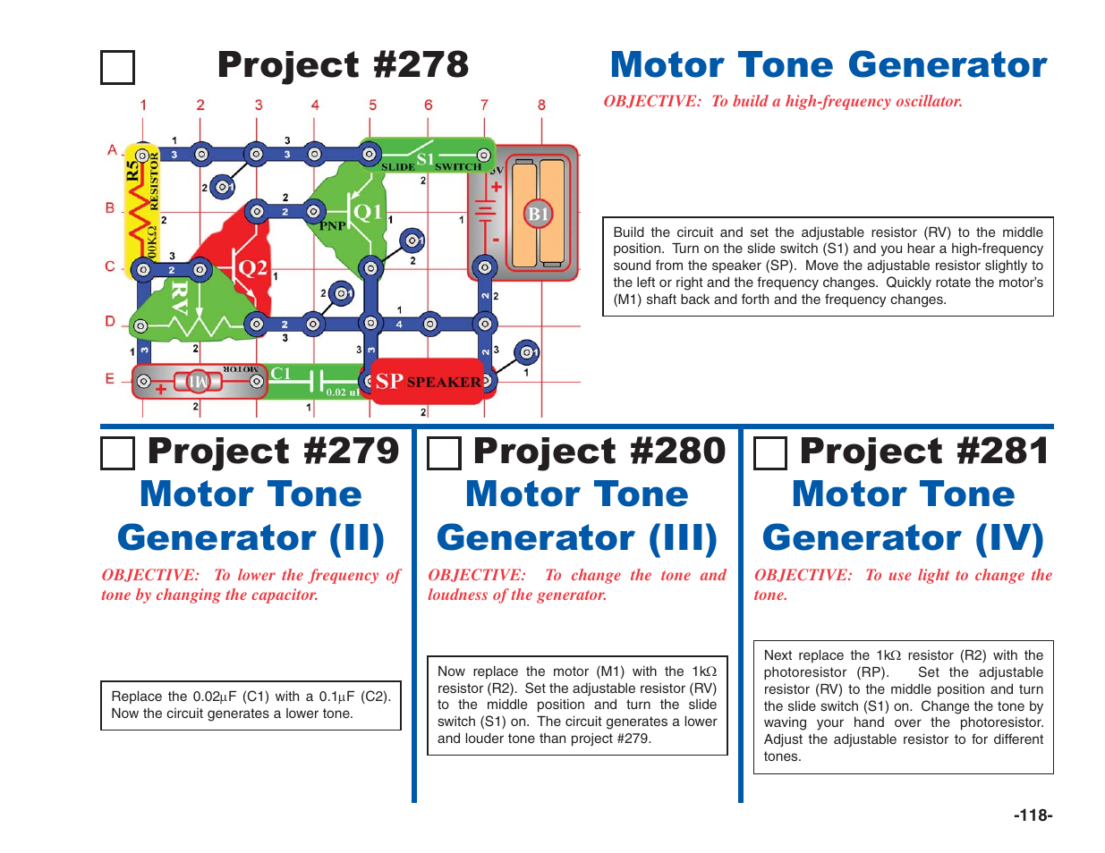 Project #278, Project #280 motor tone generator (iii), Project #281 motor tone generator (iv) | Elenco Electronics 202 User Manual | Page 119 / 132