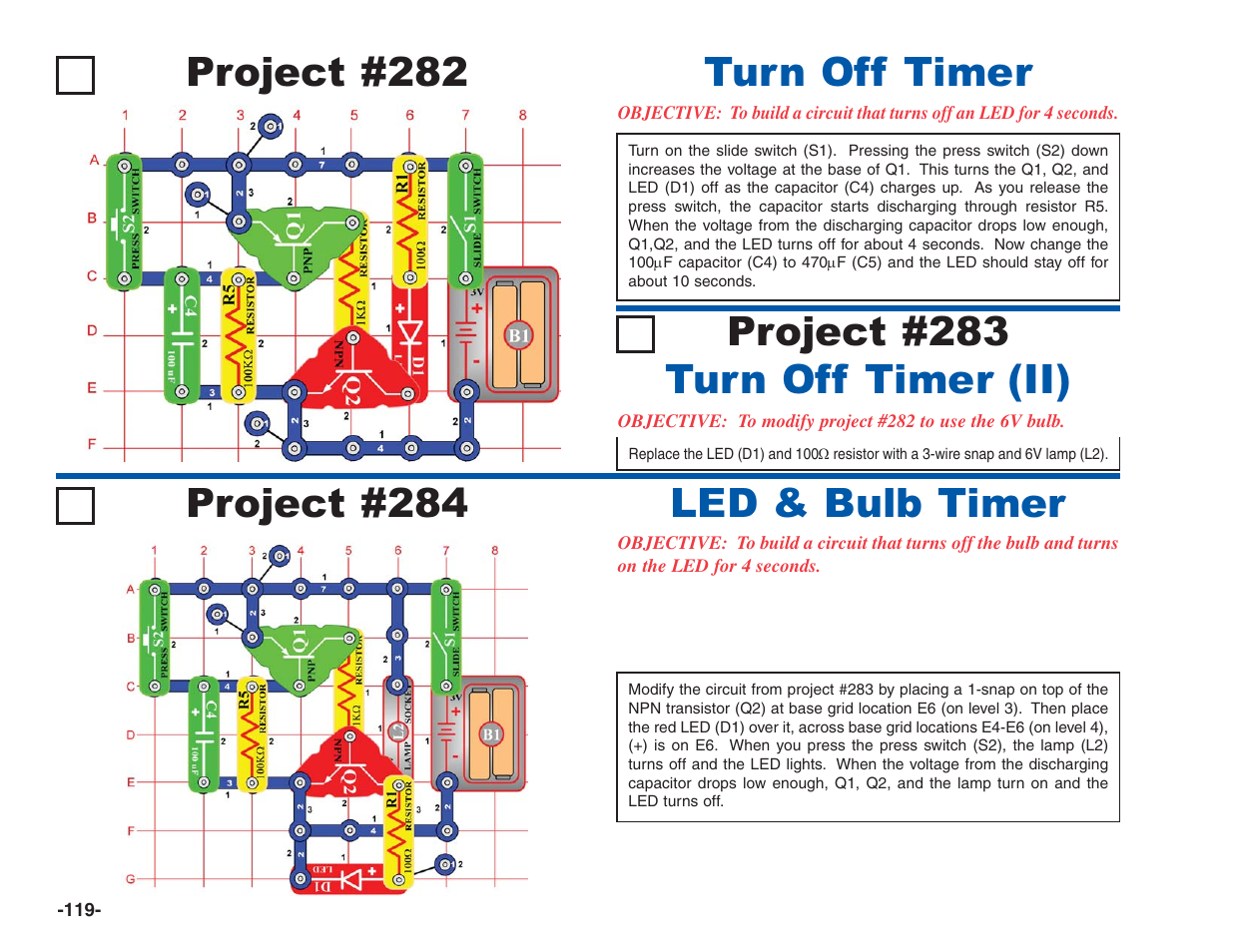 Project #282, Turn off timer, Project #283 turn off timer (ii) | Project #284 led & bulb timer | Elenco Electronics 202 User Manual | Page 120 / 132