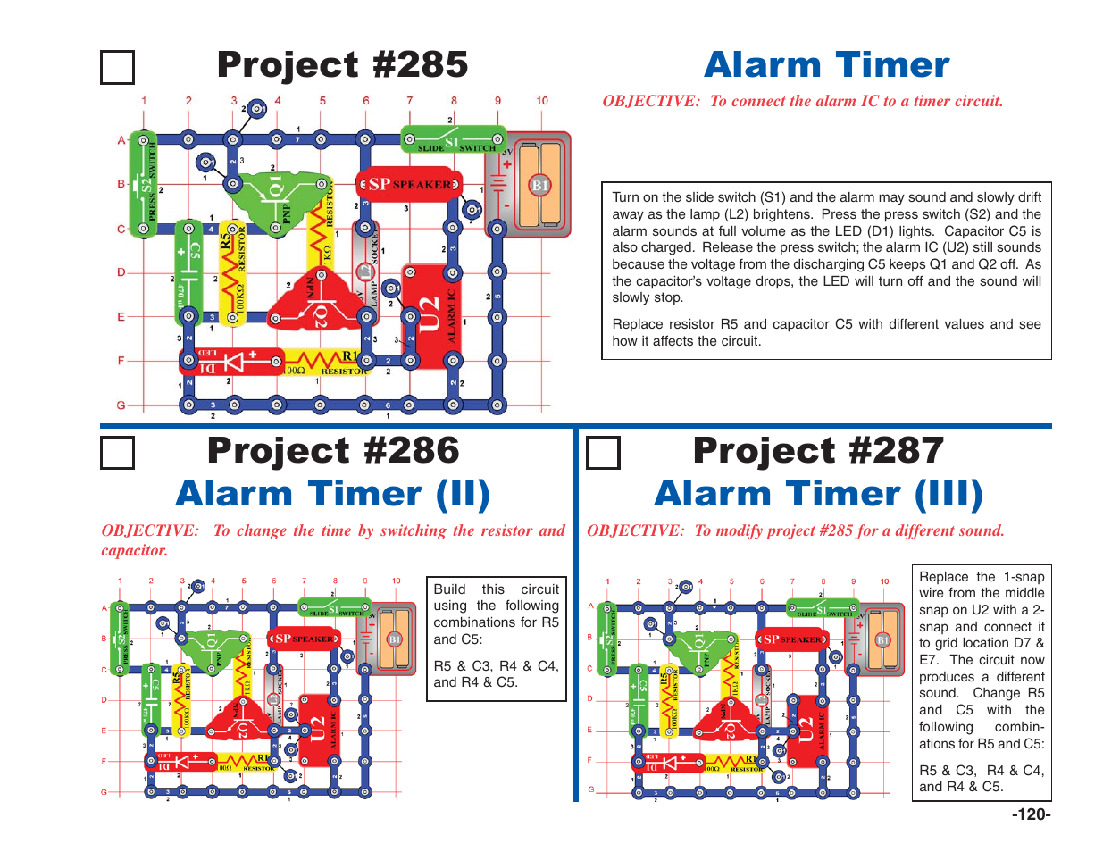 Project #286 alarm timer (ii), Project #287 alarm timer (iii), Project #285 | Alarm timer | Elenco Electronics 202 User Manual | Page 121 / 132