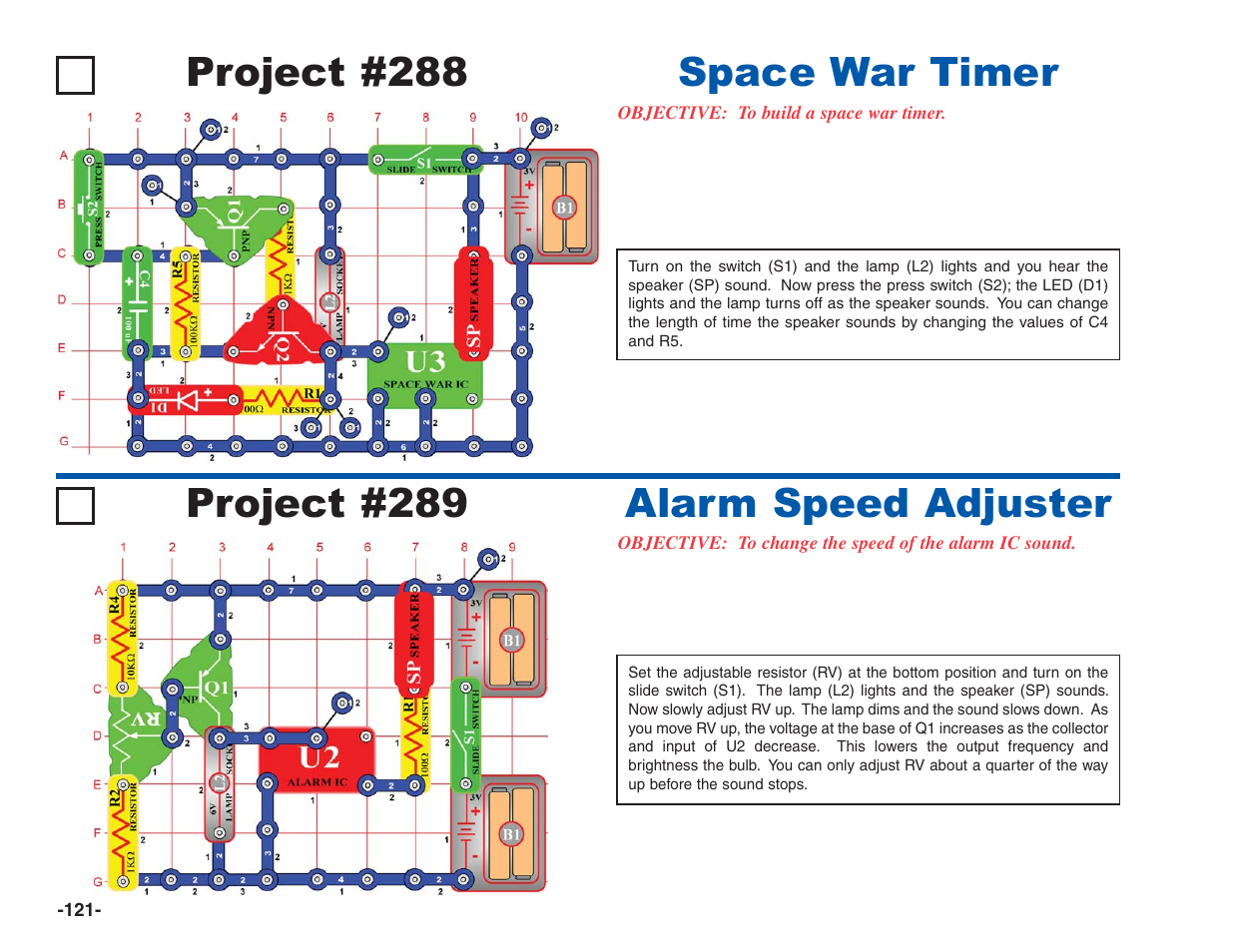 Project #288, Space war timer project #289, Alarm speed adjuster | Elenco Electronics 202 User Manual | Page 122 / 132