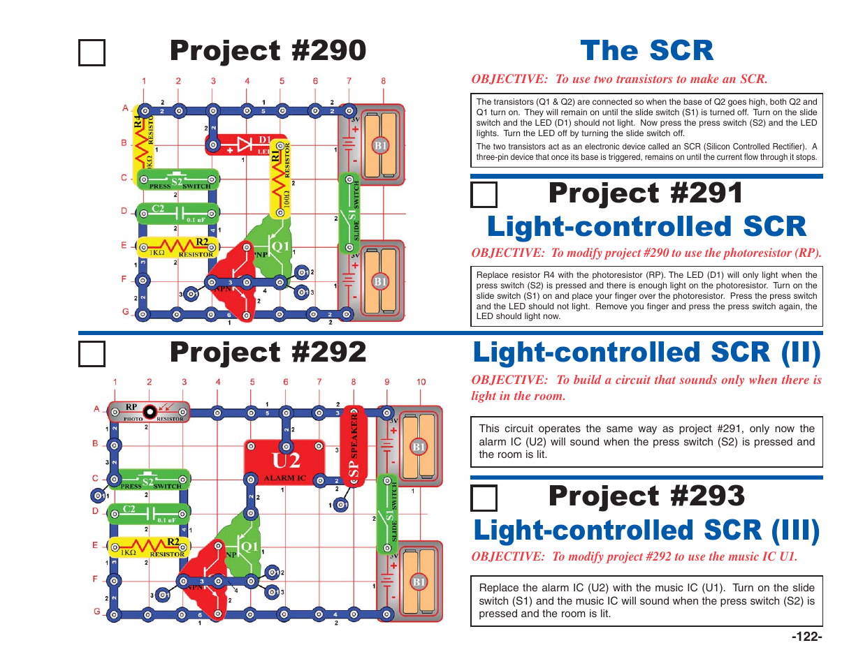 Project #290, The scr project #291 light-controlled scr, Project #292 | Elenco Electronics 202 User Manual | Page 123 / 132