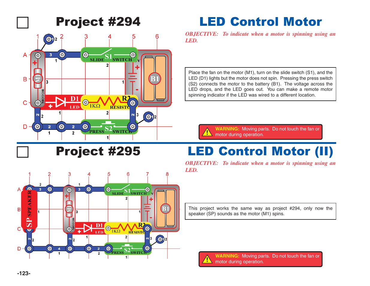 Project #294, Led control motor project #295, Led control motor (ii) | Elenco Electronics 202 User Manual | Page 124 / 132