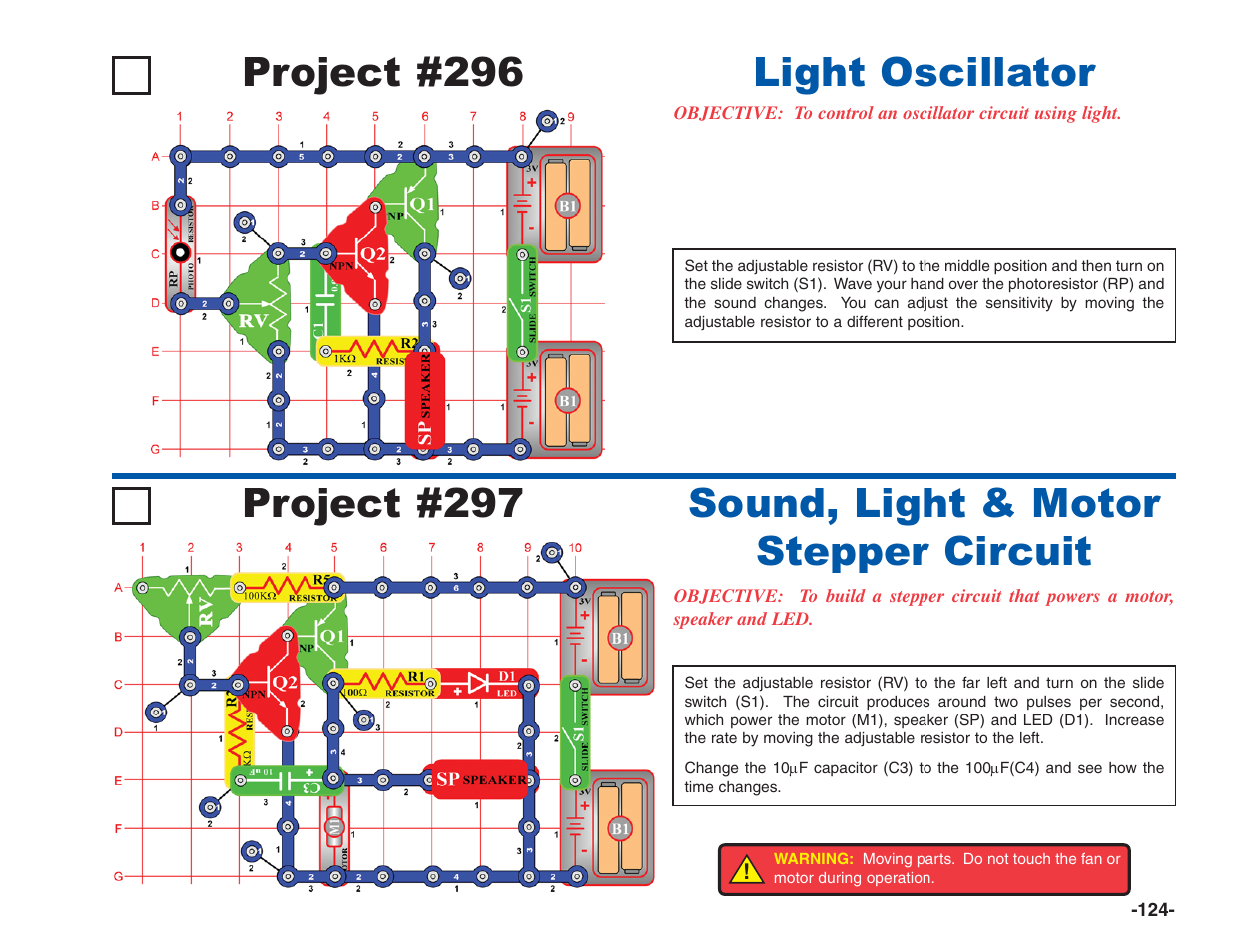 Project #296, Light oscillator project #297, Sound, light & motor stepper circuit | Elenco Electronics 202 User Manual | Page 125 / 132