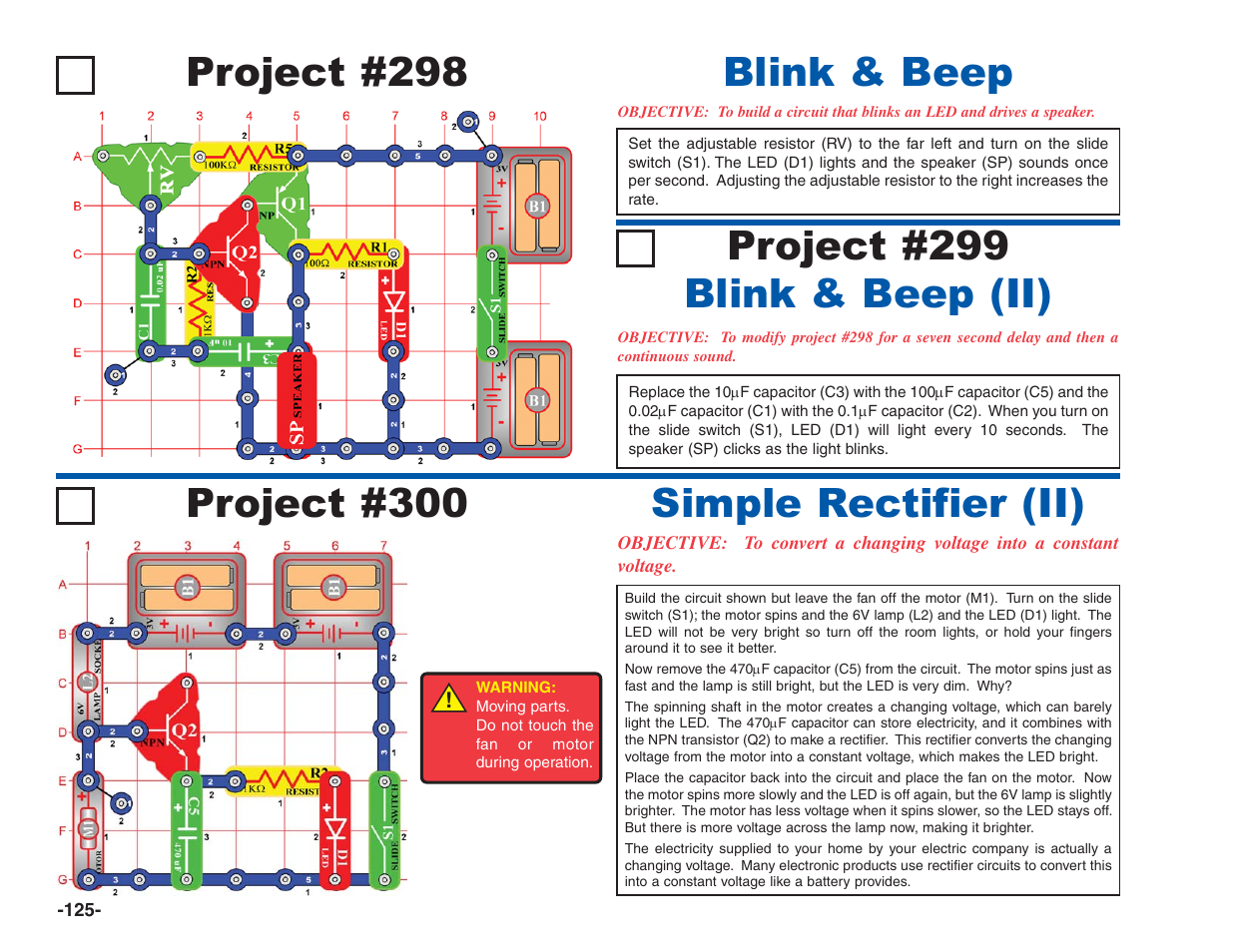 Project #298, Blink & beep, Project #299 blink & beep (ii) | Project #300 simple rectifier (ii) | Elenco Electronics 202 User Manual | Page 126 / 132