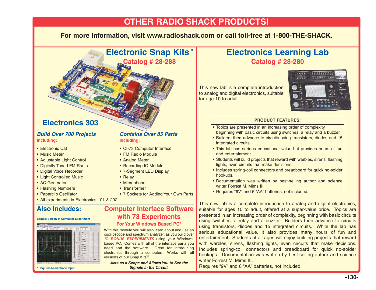 Other radio shack products, Electronic snap kits, Electronics learning lab | Electronics 303, Computer interface software with 73 experiments | Elenco Electronics 202 User Manual | Page 131 / 132
